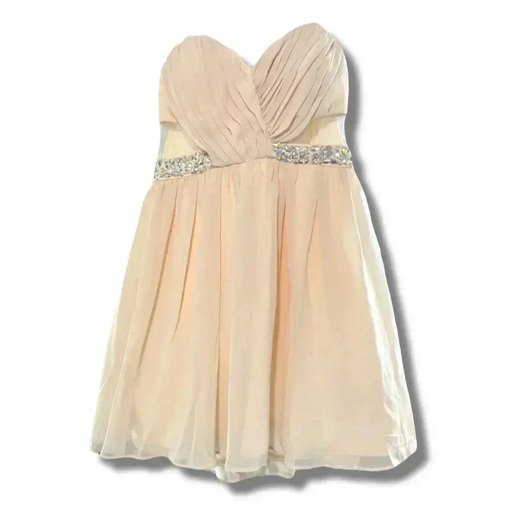 MASQUERADE Beige Strapless Mini Prom Dress Beaded Waistband Sweetheart Size 3/4 - Picture 2 of 12